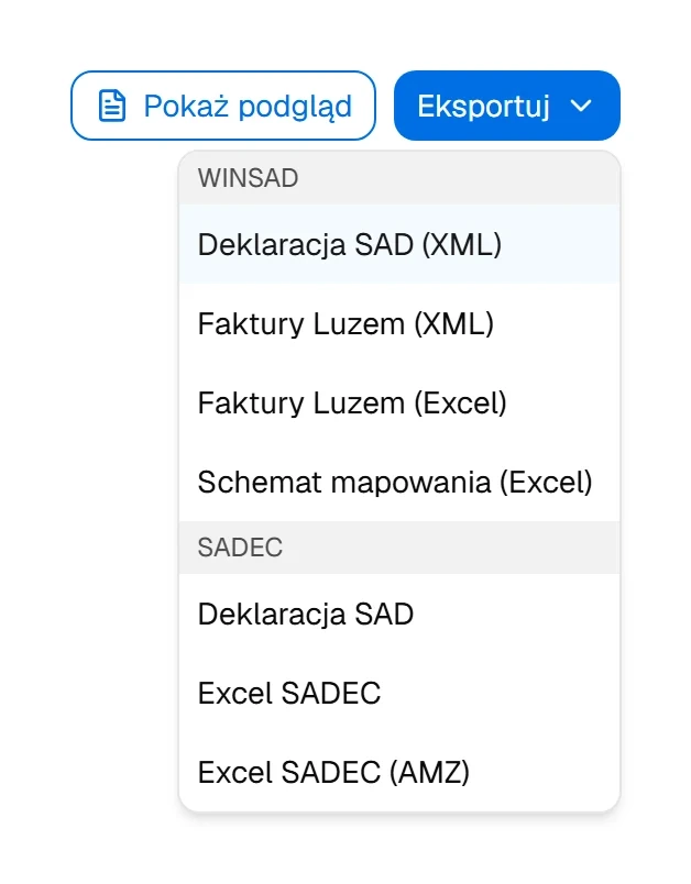 Menu eksportu sprawy do WinSAD i SADEC